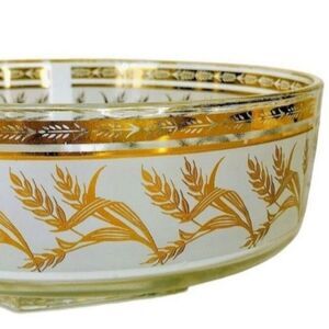 Vintage 60s MCM Gold Wheat Heavy Bottom Frosted Glass Pedestal Chip Bowl